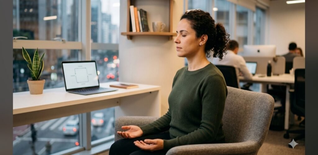 Mulher praticando respiração quadrada Sama Vritti para controlar ansiedade no escritório, com gráfico de pranayama no notebook