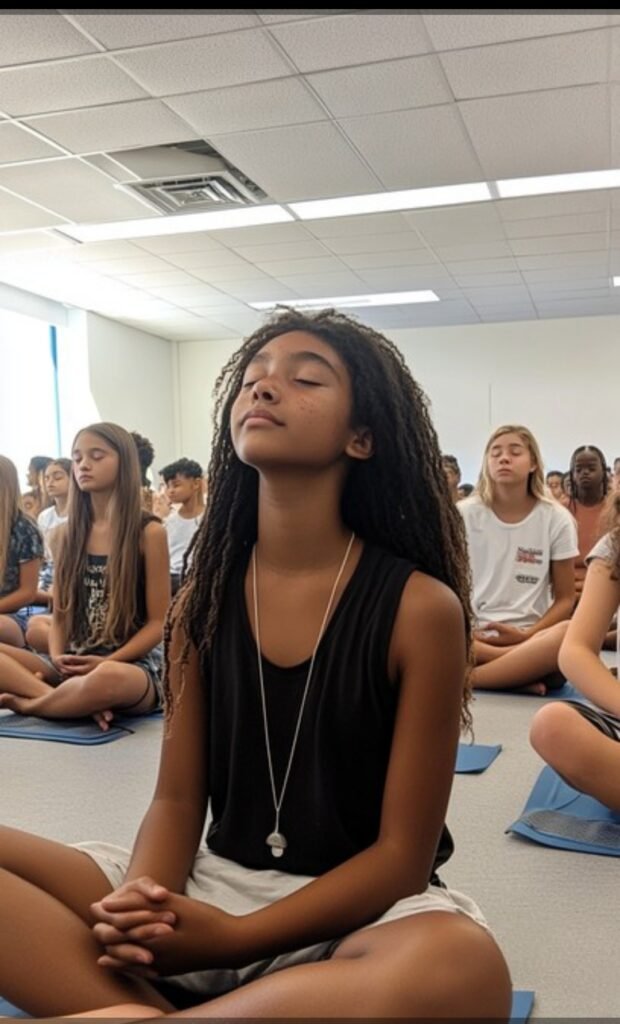 Grupo de adolescentes sentados em posição de meditação, olhos fechados, durante prática de yoga em sala de aula