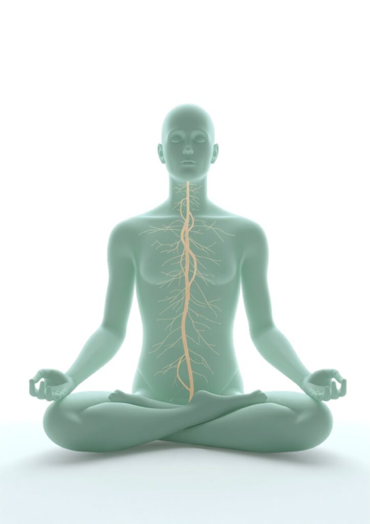Silhueta em meditação com representação sutil de rede neural conectando pescoço, peito e abdômen