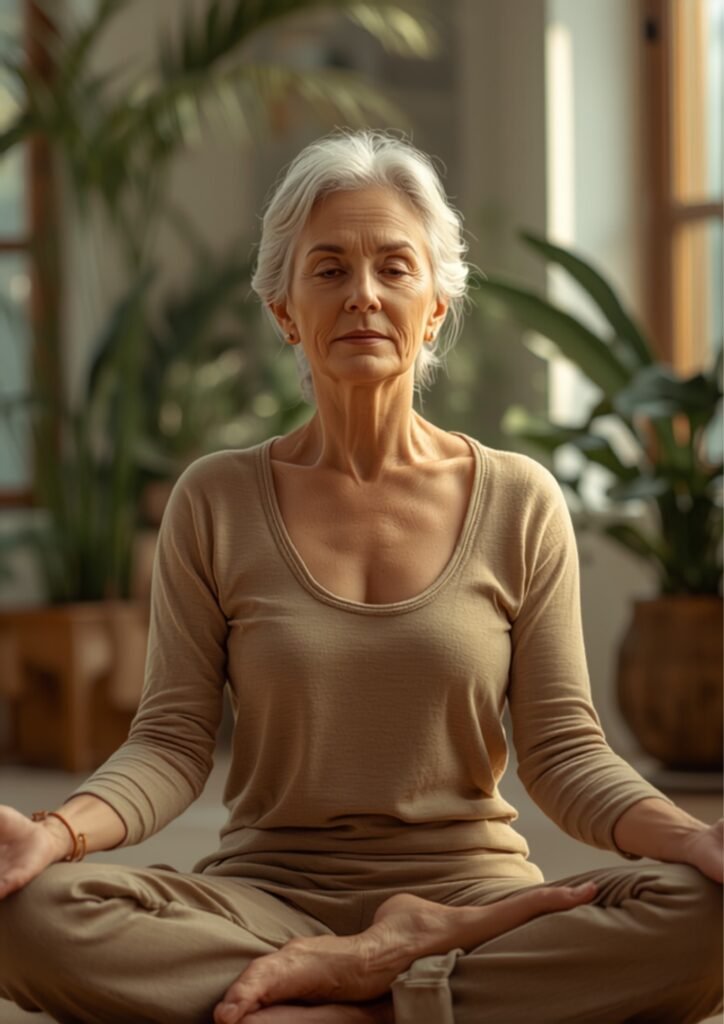 Mulher madura praticando yoga suave em ambiente iluminado por luz natural